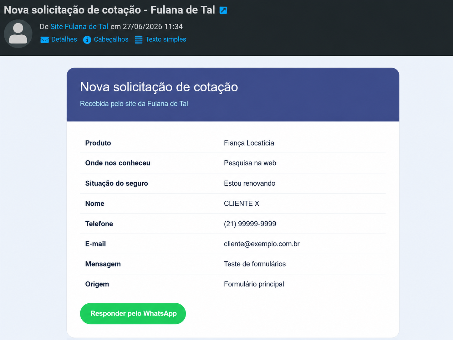 Corretor recebe os dados do lead por e-mail