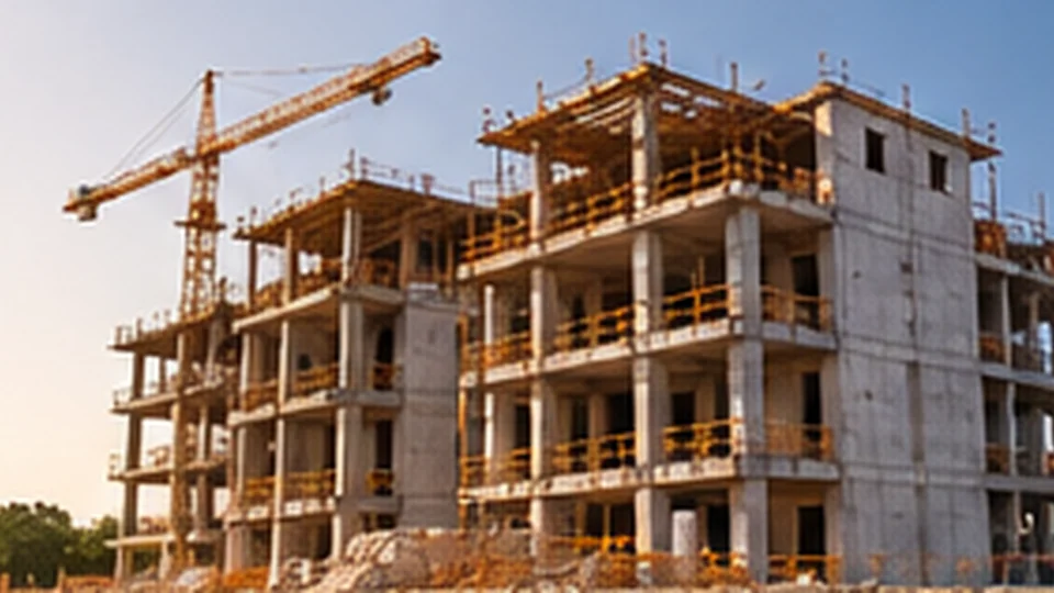 Edifício de concreto em construção com grua no canteiro