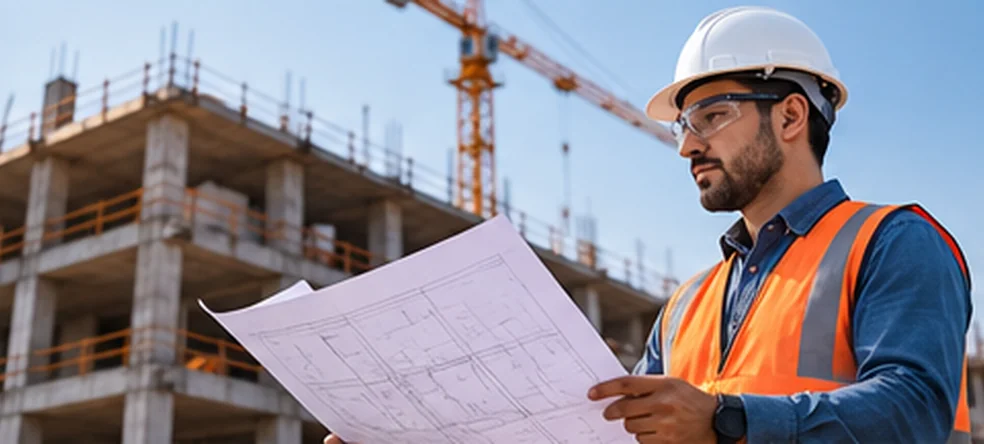 Profissional de engenharia consulta a planta de uma obra em construção