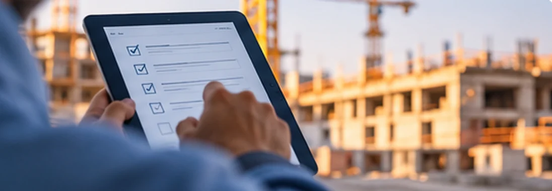 Profissional organiza um checklist digital diante de uma obra